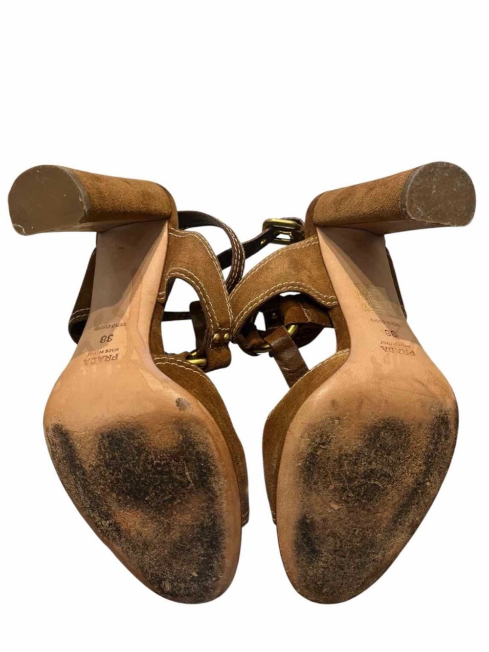 Prada Brown Suede T-Strap Block Heel Sandals with Gold Rings - Picture 7 of 7